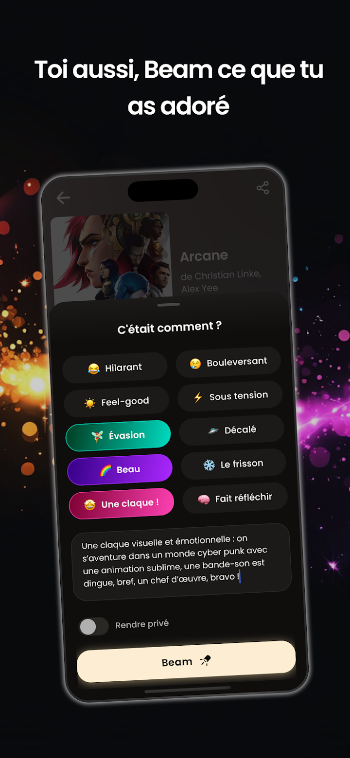 Écran de partage avec sélection d'émotions