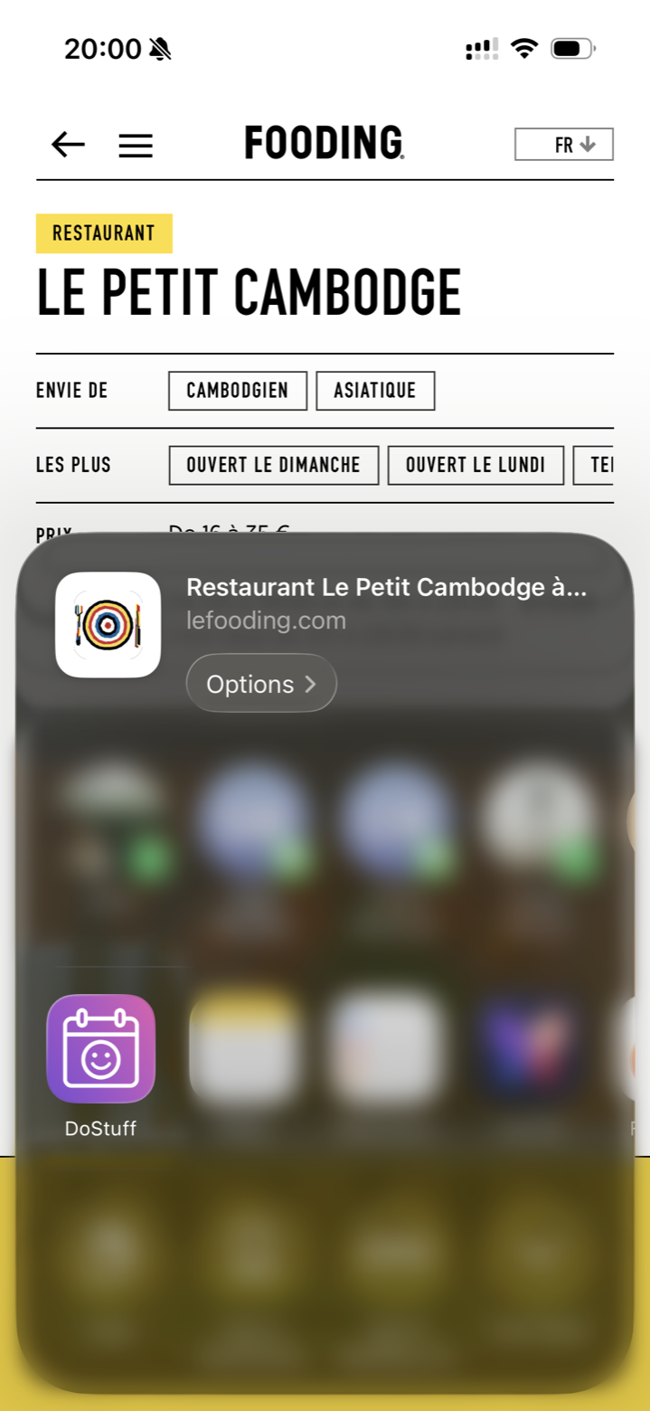 Écran de partage DoStuff pour enregistrer une activité depuis une autre application